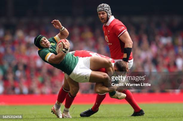 Cheslin Kolbe of South Africa is tackled in the air by Tom Rogers of Wales resulting in a penalty during the Summer International match between Wales...