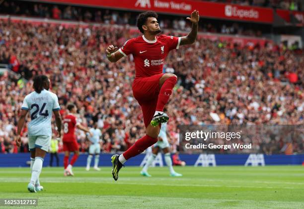 Luis Diaz of Liverpool celebrates after scoring the team's first goal during the Premier League match between Liverpool FC and AFC Bournemouth at...