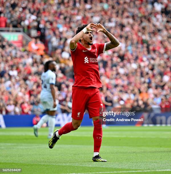 Luis Diaz of Liverpool celebrates after scoring Liverpool's opening goal during the Premier League match between Liverpool FC and AFC Bournemouth at...