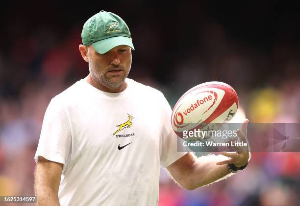 Jacques Nienaber , Head Coach of South Africa looks on ahead of the Summer International match between Wales and South Africa at Principality Stadium...