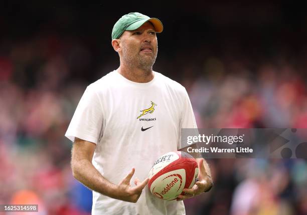 Jacques Nienaber , Head Coach of South Africa looks on ahead of the Summer International match between Wales and South Africa at Principality Stadium...