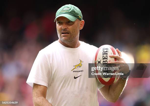 Jacques Nienaber , Head Coach of South Africa looks on ahead of the Summer International match between Wales and South Africa at Principality Stadium...