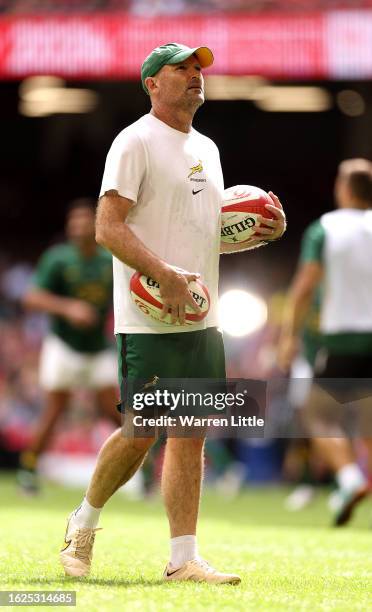 Jacques Nienaber , Head Coach of South Africa looks on ahead of the Summer International match between Wales and South Africa at Principality Stadium...