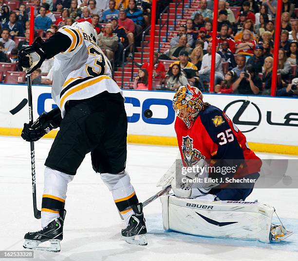 Patrice Bergeron of the Boston Bruins takes a shot against Goaltender Jacob Markstrom of the Florida Panthers at the BB&T Center on February 24, 2013...