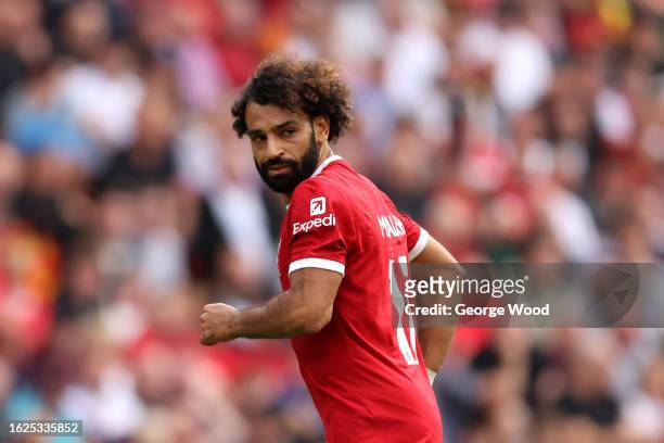 Mohamed Salah of Liverpool looks on during the Premier League match between Liverpool FC and AFC Bournemouth at Anfield on August 19, 2023 in...