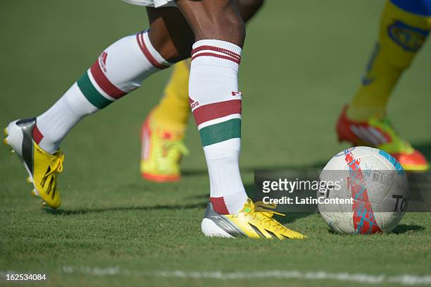 View of Wellington Silva's boots during the match between Fluminense and Madureira as part of the Carioca Championship 2013 at Bonita Stadium on...