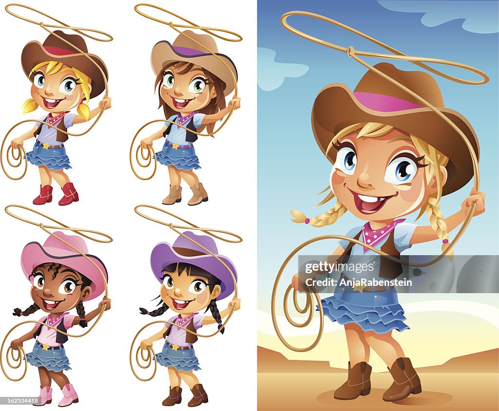Cute Little Cartoon Cowgirl Swinging A Lasso High-Res Vector Graphic -  Getty Images