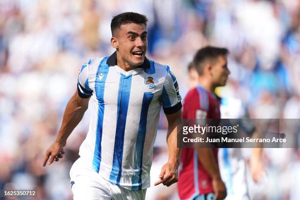 Ander Barrenetxea of Real Sociedad celebrates after scoring the team's first goal during the LaLiga EA Sports match between Real Sociedad and Celta...