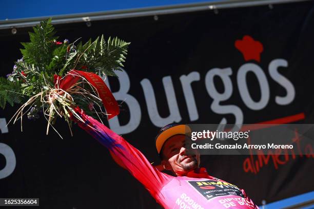 Primoz Roglic of Slovenia and Team Jumbo-Visma - Purple Leader Jersey celebrates at podium as final overall winner during the 45th Vuelta a Burgos...