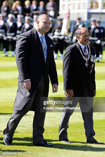 King Tupou VI and Governor-General Sir Jerry Mateparae walk together during a State Welcome at Government House on February 25, 2013 in Wellington,...
