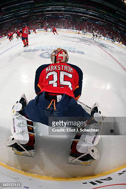 Goaltender Jacob Markstrom of the Florida Panthers warms up on the ice prior to the start of the game against the Boston Bruins at the BB&T Center on...
