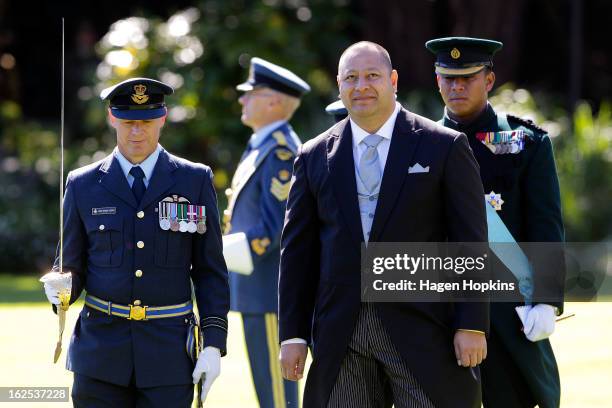 King Tupou VI looks on during a State Welcome at Government House on February 25, 2013 in Wellington, New Zealand. The King of Tonga, His Majesty...