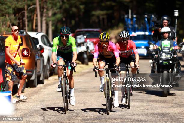 Aleksandr Vlasov of Russia and Team BORA - hansgrohe - Green Points Jersey, Primoz Roglic of Slovenia and Team Jumbo-Visma - Purple Leader Jersey and...