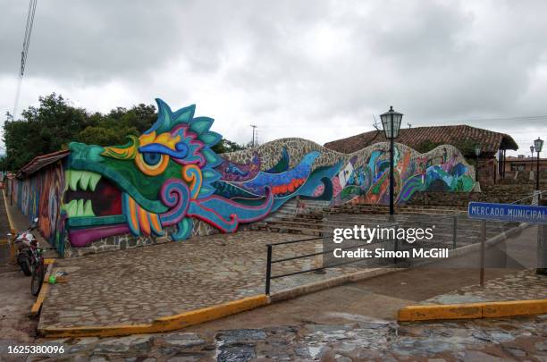 quetzalcoatl mural, chignahuapan, puebla, mexico - chignahuapan stock pictures, royalty-free photos & images