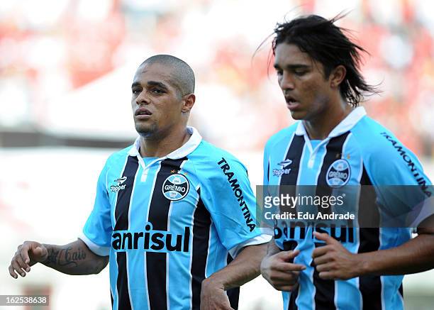 Welliton and Marcelo Morelo of Gremio during a match between Gremio and Internacional as part of the Gaucho championship at Centenario stadium on...