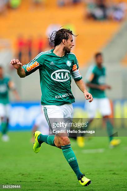 Henrique of Palmeiras in action during a match between Palmeiras and UA Barbarense as part of the Paulista Championship 2013 at Pacaembu Stadium on...