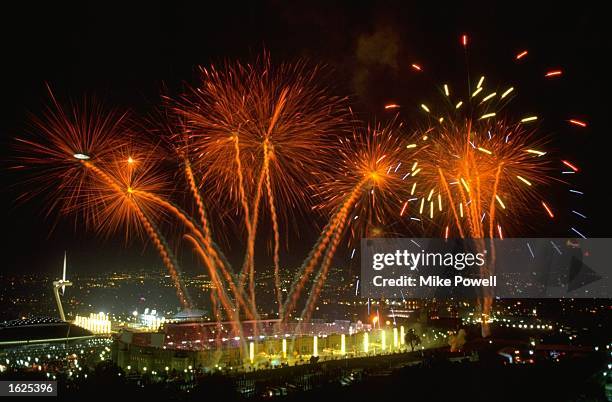Fireworks explode over the Montjuic Stadium Barcelona at the opening ceremony of the 1992 Olympic Games in Barcelona, Spain. \ Mandatory Credit: Mike...