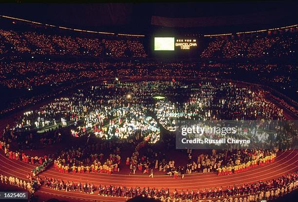 An aerial view of the Seoul Olympic Stadium during the closing ceremony of the 1988 Olympic Games in Seoul, South Korea, 2nd October 1988. The...