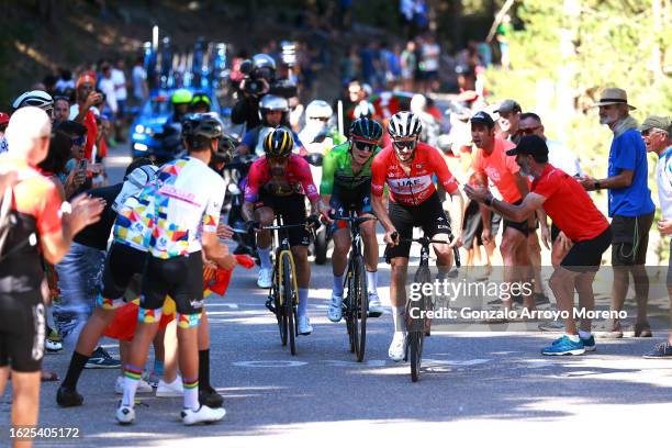 Primoz Roglic of Slovenia and Team Jumbo-Visma - Purple Leader Jersey, Aleksandr Vlasov of Russia and Team BORA - hansgrohe - Green Points Jersey and...