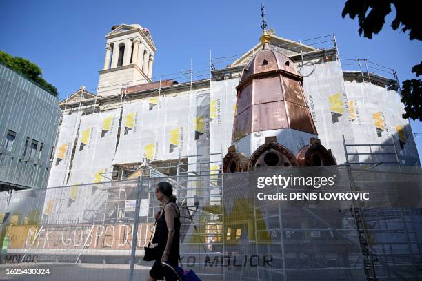 Picture taken on August 28, 2023 shows the new copper roof to be installed on the bell tower of the Serbian Orthodox Church in Zagreb, which was...