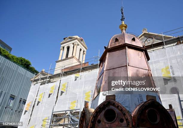 Picture taken on August 28, 2023 shows the new copper roof to be installed on the bell tower of the Serbian Orthodox Church in Zagreb, which was...