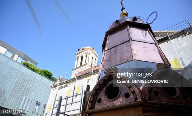 Picture taken on August 28, 2023 shows the new copper roof to be installed on the bell tower of the Serbian Orthodox Church in Zagreb, which was...