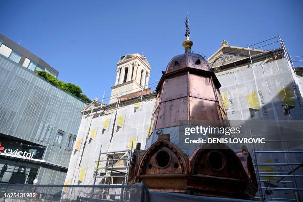 Picture taken on August 28, 2023 shows the new copper roof to be installed on the bell tower of the Serbian Orthodox Church in Zagreb, which was...