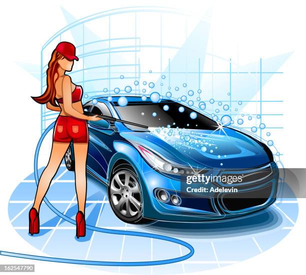 bildbanksillustrationer, clip art samt tecknat material och ikoner med girl washing car with brands battle - arbetsoverall