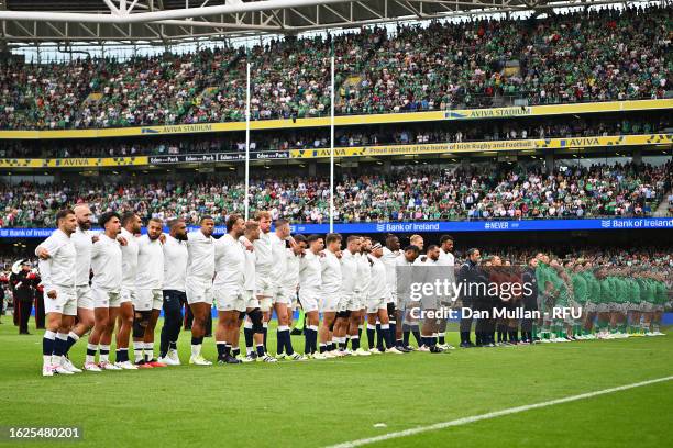 Players of both teams line up on pitch for their national anthems ahead of the Summer International match between Ireland and England at Aviva...