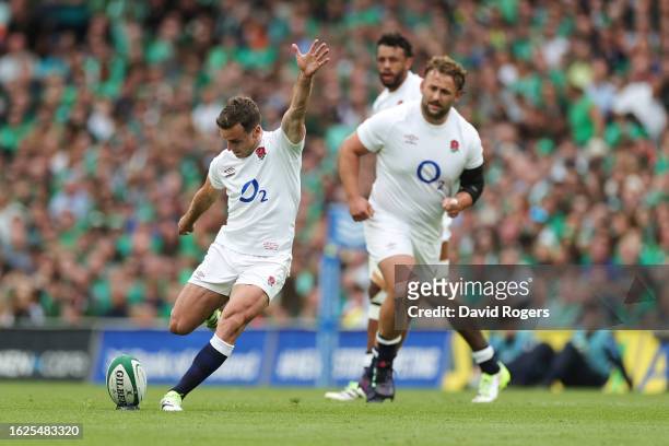 George Ford of England kicks the first penalty during the Summer International match between Ireland and England at Aviva Stadium on August 19, 2023...
