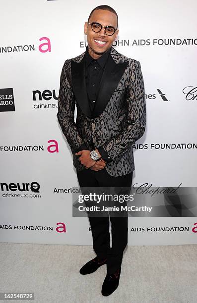 Singer Chris Brown attends the 21st Annual Elton John AIDS Foundation Academy Awards Viewing Party at West Hollywood Park on February 24, 2013 in...