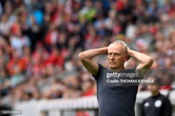 Freiburg's German coach Christian Streich reacts during the German first division Bundesliga football match between SC Freiburg and Werder Bremen in...