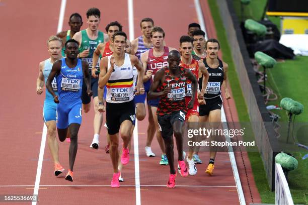 Ruben Verheyden of Team Belgium and Timothy Cheruiyot of Team Kenya compete in heat 1 of the Men's 1500m during day one of the World Athletics...