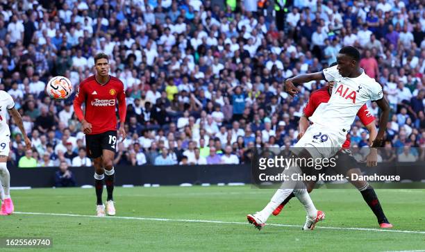 Pape Matar Sarr of Tottenham Hotspur scores their teams first goal during the Premier League match between Tottenham Hotspur and Manchester United at...