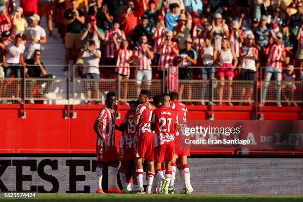 Sergio Arribas of UD Almeria celebrates with teammates after scoring the team's first goal during the LaLiga EA Sports match between UD Almeria and...