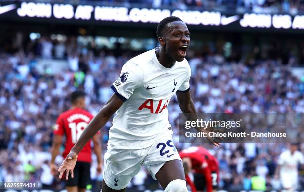 Pape Matar Sarr of Tottenham Hotspur celebrates scoring their teams first goal during the Premier League match between Tottenham Hotspur and...