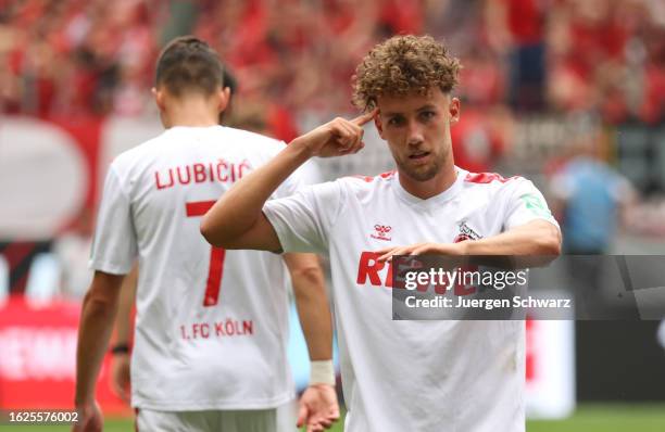 Luca Waldschmidt of Cologne celebrates after scoring during the Bundesliga match between 1. FC Koeln and VfL Wolfsburg at RheinEnergieStadion on...