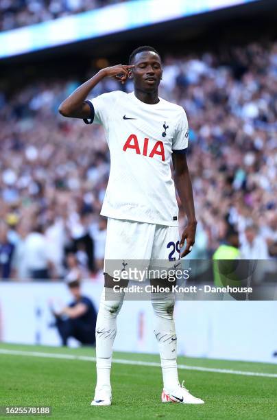 Pape Matar Sarr of Tottenham Hotspur celebrates scoring their teams first goal during the Premier League match between Tottenham Hotspur and...