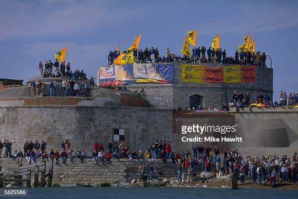 Crowds gather on Hurst Castle to watch the Whitbread 60s sail past during the Whitbread Round the World Race for the Volvo Trophy 1997-98 in...