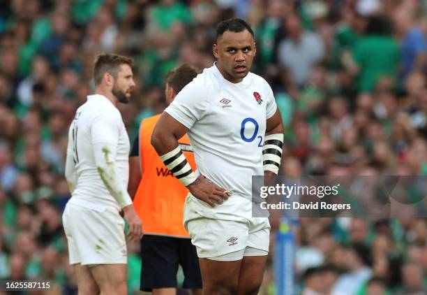 Billy Vunipola of England looks on before being shown the yellow card by referee, Paul Williams which was later upgraded to red via the bunker system...