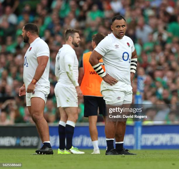 Billy Vunipola of England looks on before being shown the yellow card by referee, Paul Williams which was later upgraded to red via the bunker system...