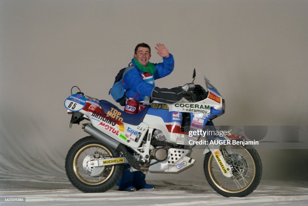 Competitors Of The 11Th Paris Dakar Rally 1989 Pose In Studio With Their Bike