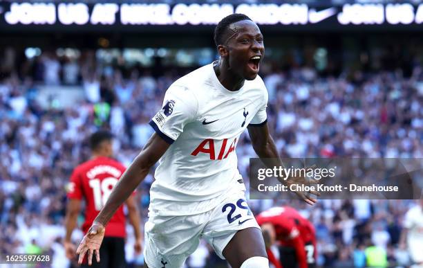 Pape Matar Sarr of Tottenham Hotspur celebrates scoring their teams first goal during the Premier League match between Tottenham Hotspur and...