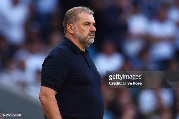 Ange Postecoglou, Manager of Tottenham Hotspur, looks on during the Premier League match between Tottenham Hotspur and Manchester United at Tottenham...