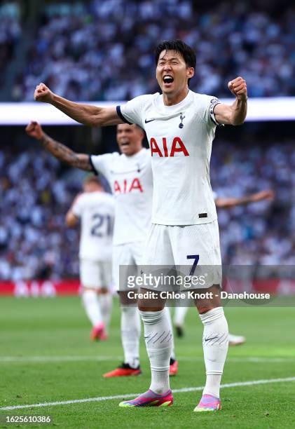 Heung-Min Son of Tottenham Hotspur celebrates their teams second goal during the Premier League match between Tottenham Hotspur and Manchester United...