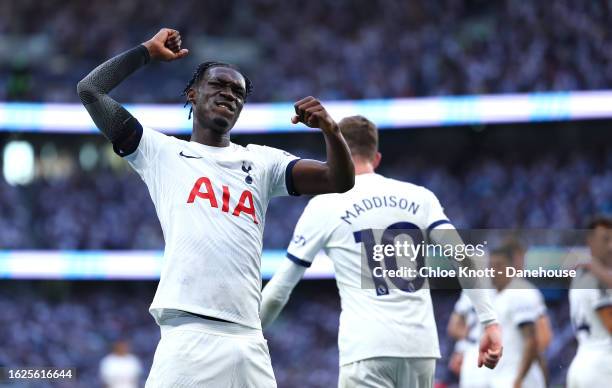 Yves Bissouma of Tottenham Hotspur celebrates their teams second goal during the Premier League match between Tottenham Hotspur and Manchester United...