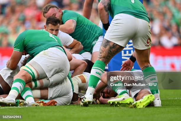 Kyle Sinckler of England scores his team's first try during the Summer International match between Ireland and England at Aviva Stadium on August 19,...