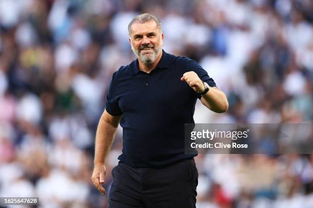Ange Postecoglou, Manager of Tottenham Hotspur, celebrates following the team's victory during the Premier League match between Tottenham Hotspur and...