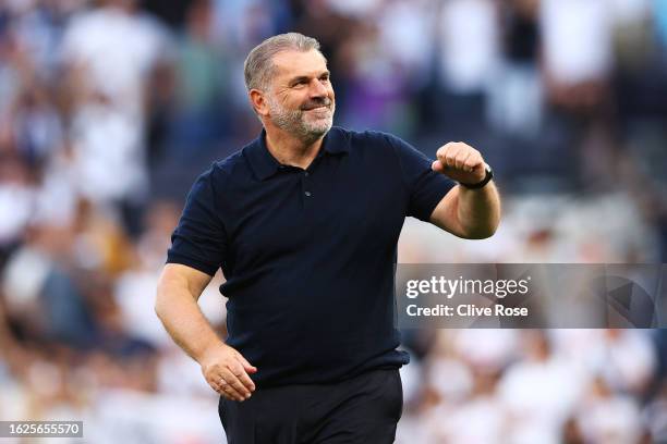 Ange Postecoglou, Manager of Tottenham Hotspur, celebrates following the team's victory during the Premier League match between Tottenham Hotspur and...