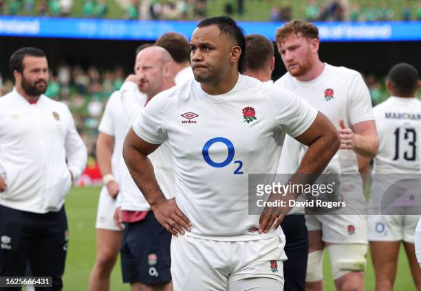 Billy Vunipola of England, who had a yellow card upgraded to red by the bunker system, looks dejected after his teams defeat during the Summer...
